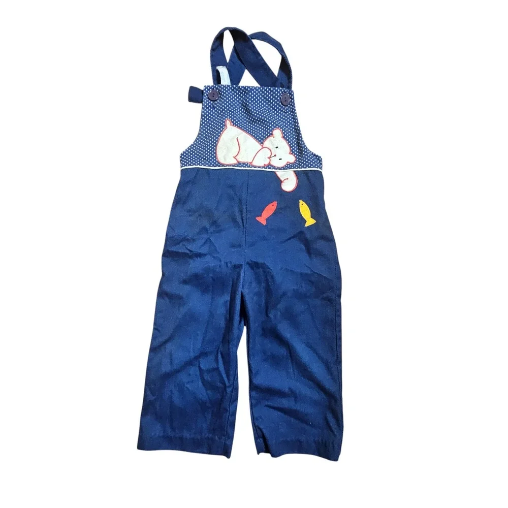 Vintage By Thomas‎ Bear Fish Applique Jumpsuit Overall Kids Size 3 Poly Cotton